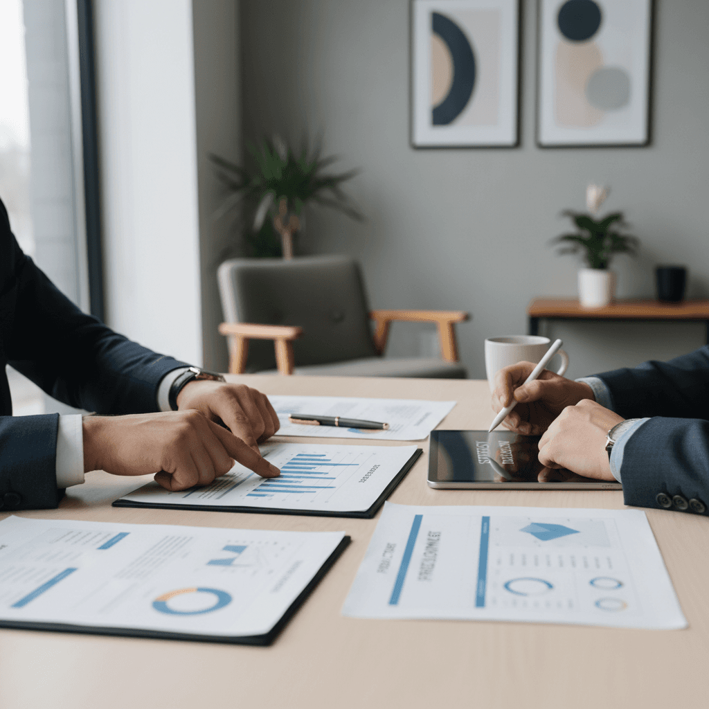 Consultant reviewing a technology assessment report with a client at a desk
