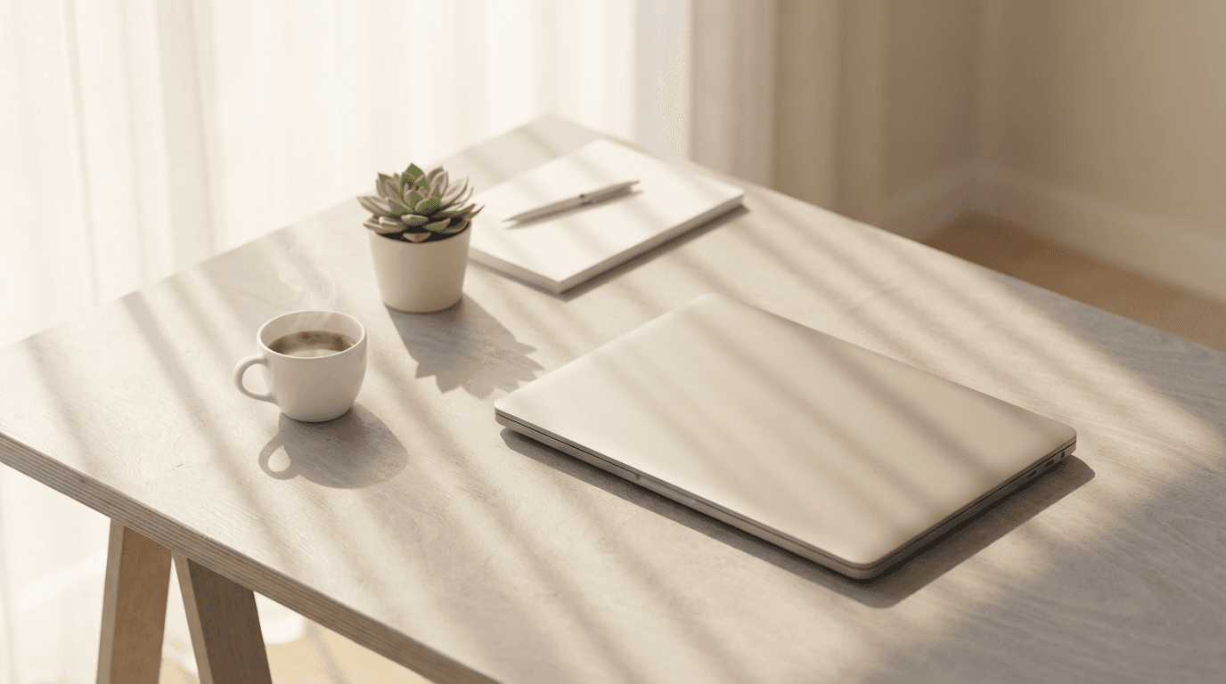 Overhead shot of a desk with a laptop and a software comparison document